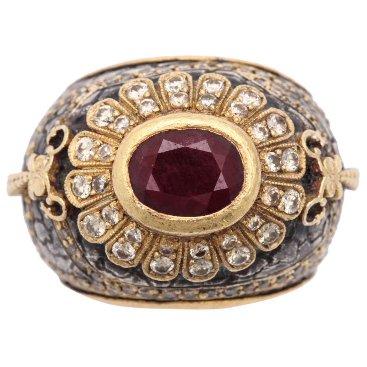 Erhan Gursen Ruby Diamond Silver Gold Cocktail Ring For Sale