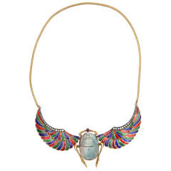 Egyptian Revival Enamel Faience Ruby Diamond Gold Scarab Necklace