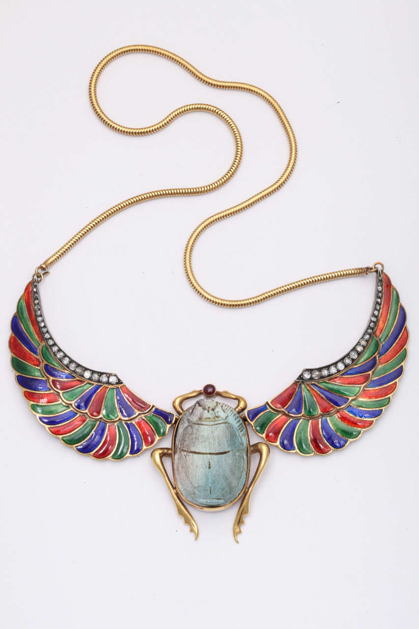 Egyptian Revival Enamel Faience Ruby Diamond Gold Scarab Necklace For ...