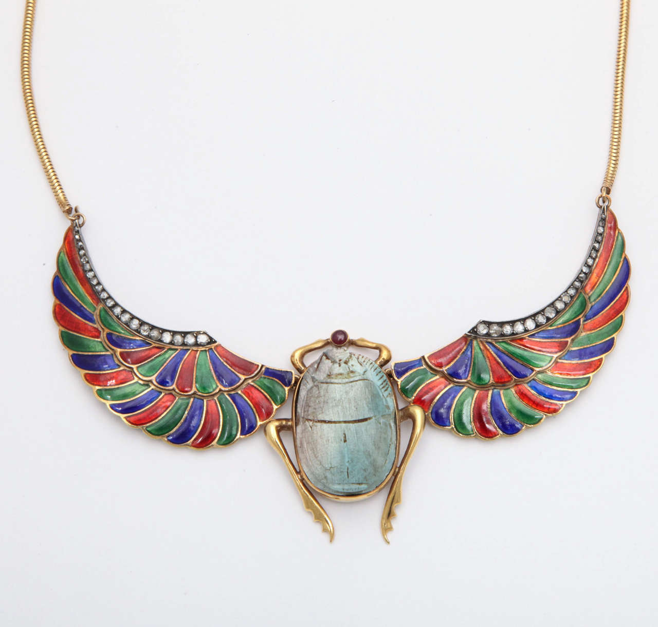 Egyptian Revival Enamel Faience Ruby Diamond Gold Scarab Necklace For