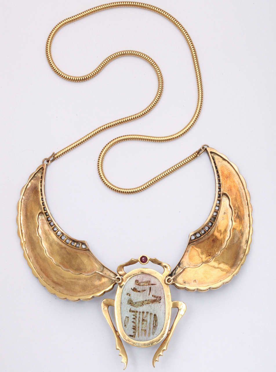 Egyptian Revival Enamel Faience Ruby Diamond Gold Scarab Necklace For