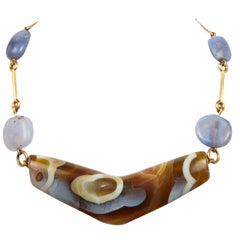 Antique Ribbon Agate Winged Bead And Gold Necklace