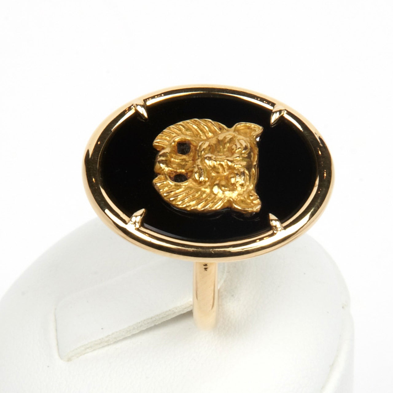 Women's or Men's GOLD & ONYX RING WITH ANTIQUE LION HEAD