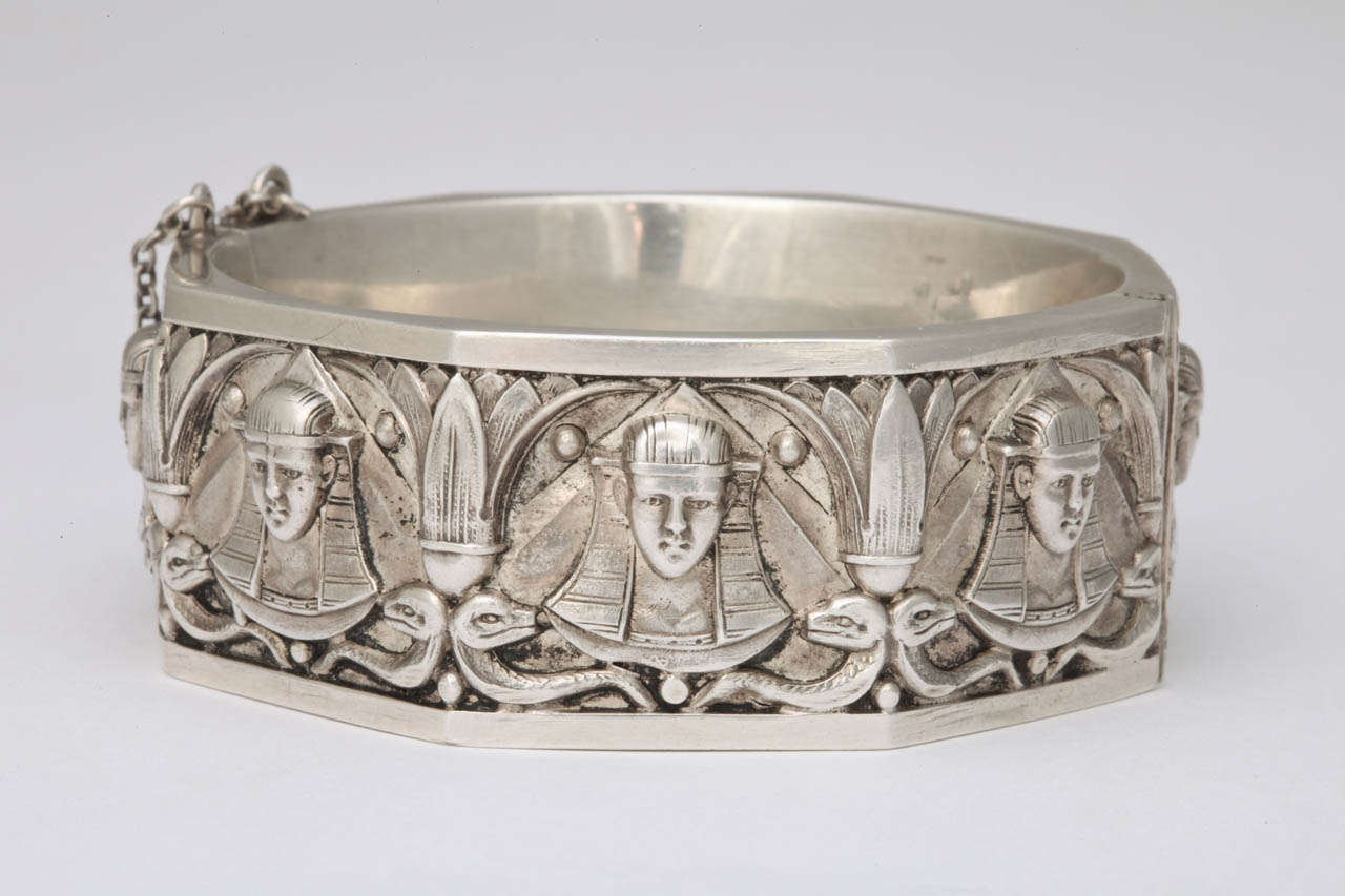 Sphinxes Galore on An Egyptian Revival Silver Bangle Bracelet In Excellent Condition In Stamford, CT