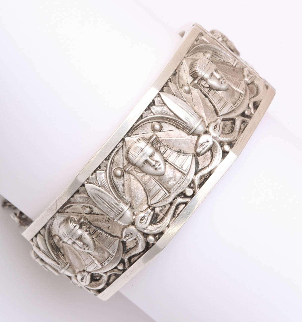 Women's Sphinxes Galore on An Egyptian Revival Silver Bangle Bracelet