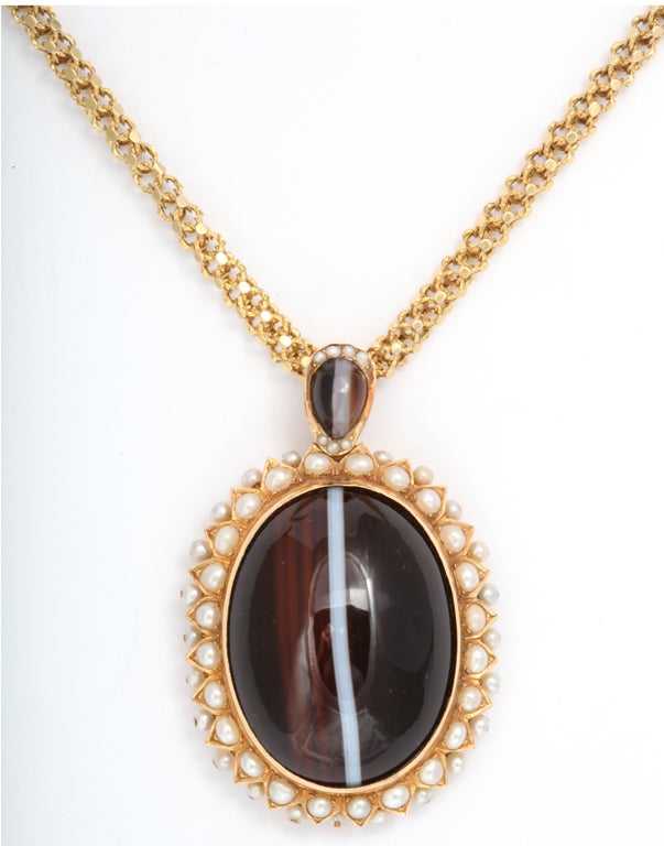 Women's Victorian Banded Agate and Natural Pearl Locket Back Pendant For Sale