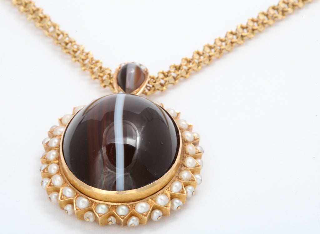 Victorian Banded Agate and Natural Pearl Locket Back Pendant For Sale 1