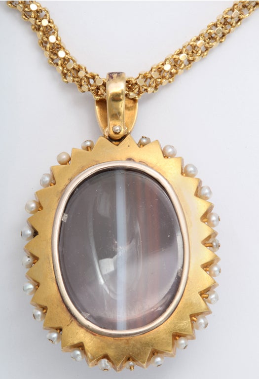 Victorian Banded Agate and Natural Pearl Locket Back Pendant 1