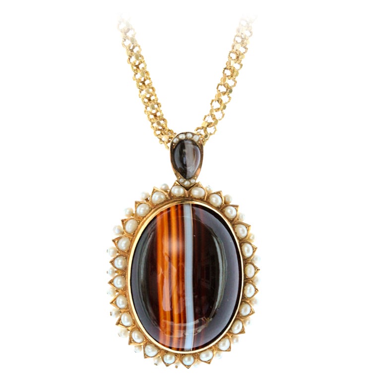 Victorian Banded Agate and Natural Pearl Locket Back Pendant For Sale