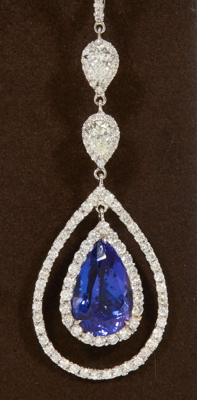 Pear Cut Royal Blue Tanzanite Diamond Gold Drop Earrings