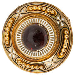 Etruscan Gold and Cabochon Garnet & Enamel Brooch
