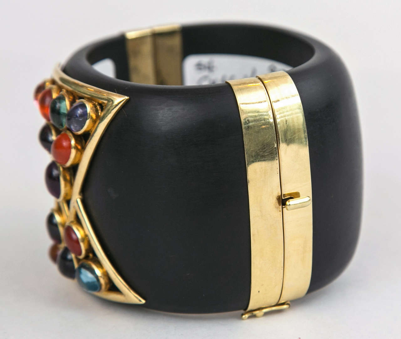 Kara Ross Rine Jewelry mineralized jet, with heavy 18kt. accents, and cabochon stones, including aqua garnet, citrine, tourmaline, fire opal. Few made.  One sold for 18,00.00