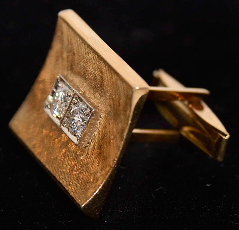 Brilliant Cut Pair of Gold Cufflinks with Diamonds For Sale