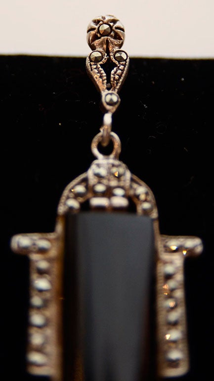Pair of Art Deco Black Onyx , Sterling and Marcasite Earrings 2