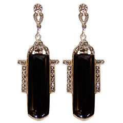 Pair of Art Deco Black Onyx , Sterling and Marcasite Earrings