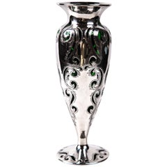 Silver Overlay Over Green Crystal Vase