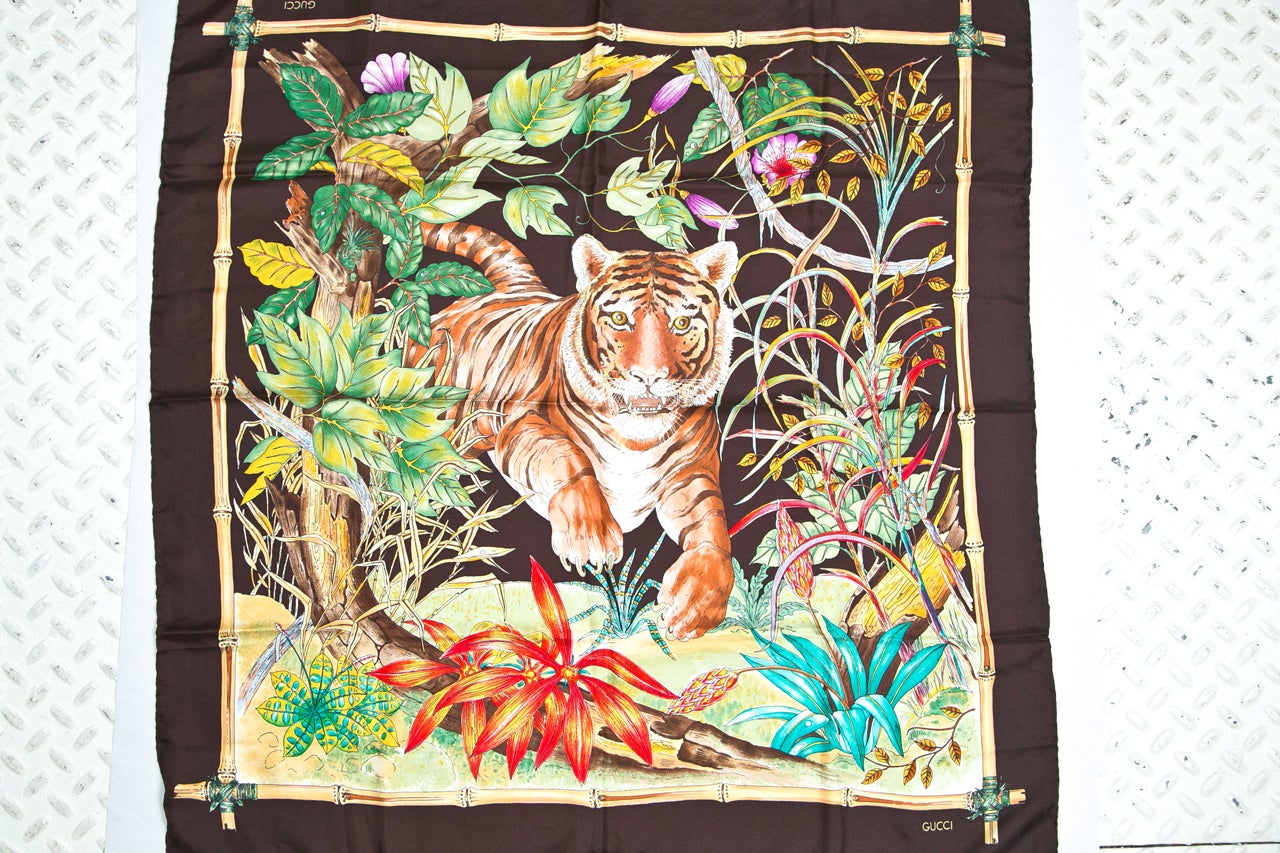 Brown Silk Scarf with Tiger Motif Presented by Gail Geibel at 1stDibs