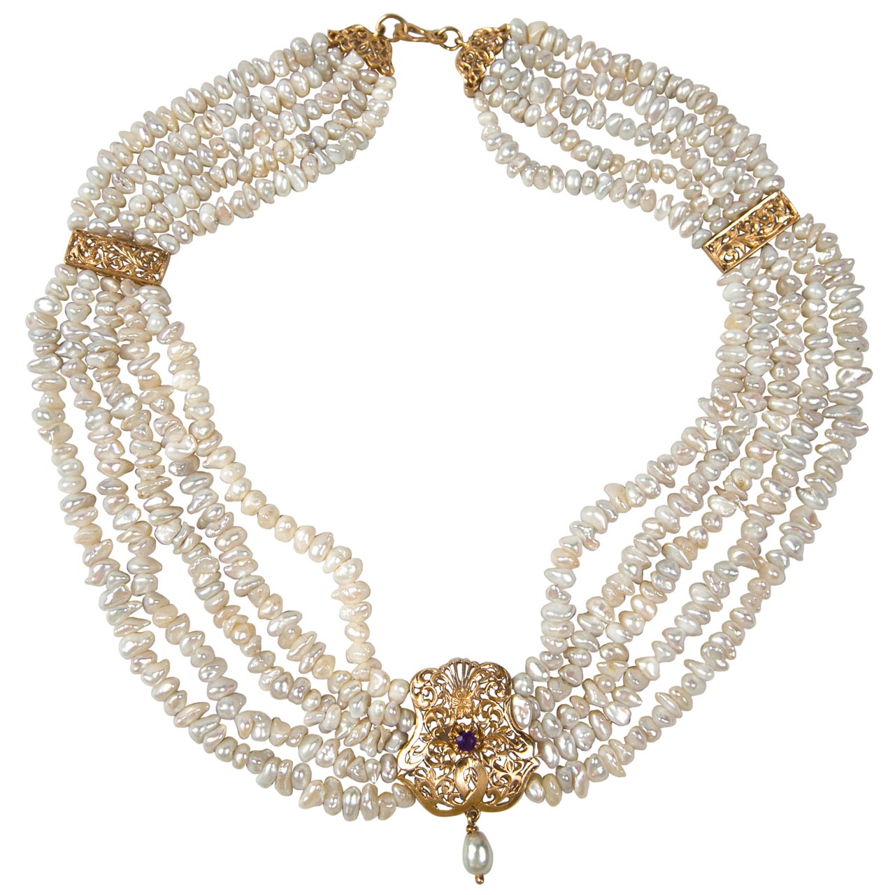 Victorian Style Five Strand Baroque Pearl Festoon Necklace Presented by