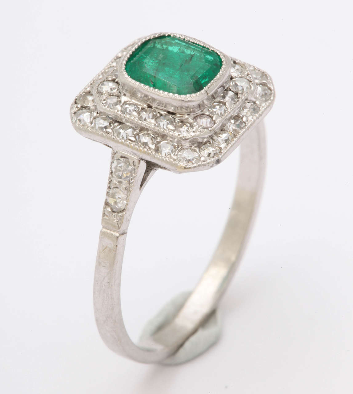Women's 1920s Platinum Diamond and Emerald Ring For Sale