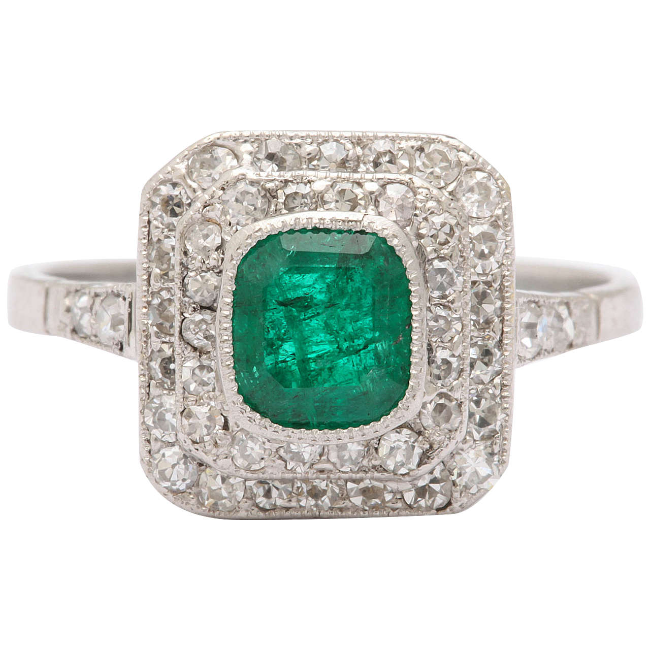 1920s Platinum Diamond and Emerald Ring For Sale