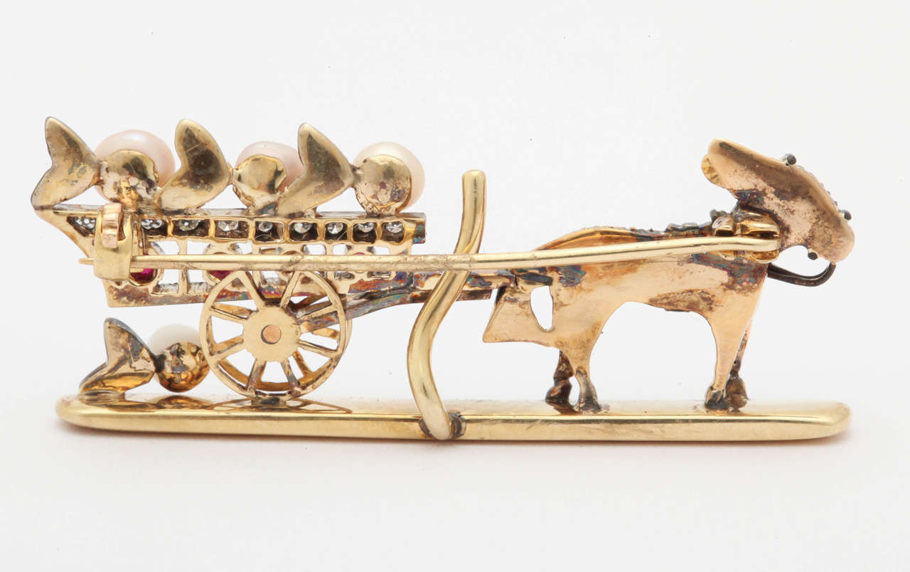 Artisan Whimsical Donkey and Cart Brooch