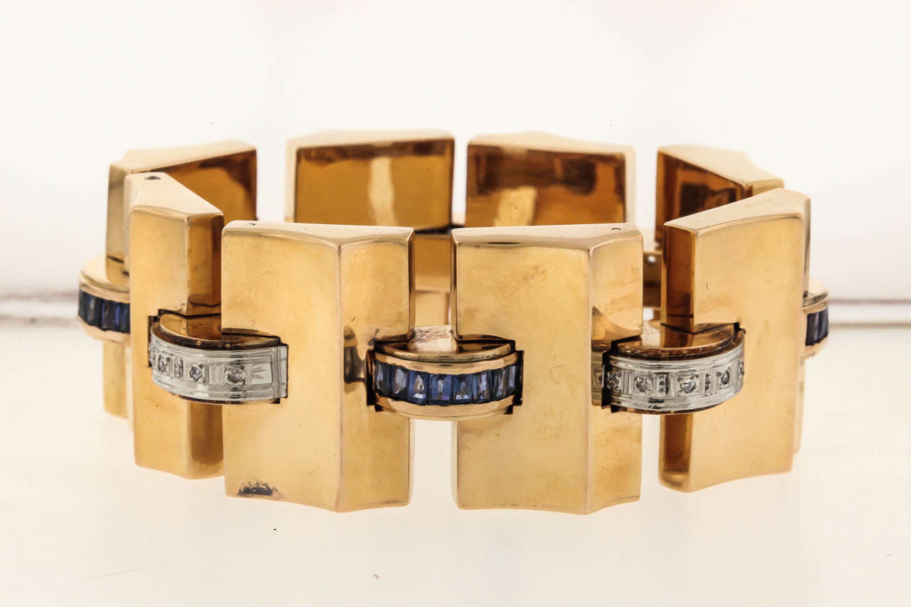 Retro-Modern Sapphire Diamond Gold Link Bracelet 2