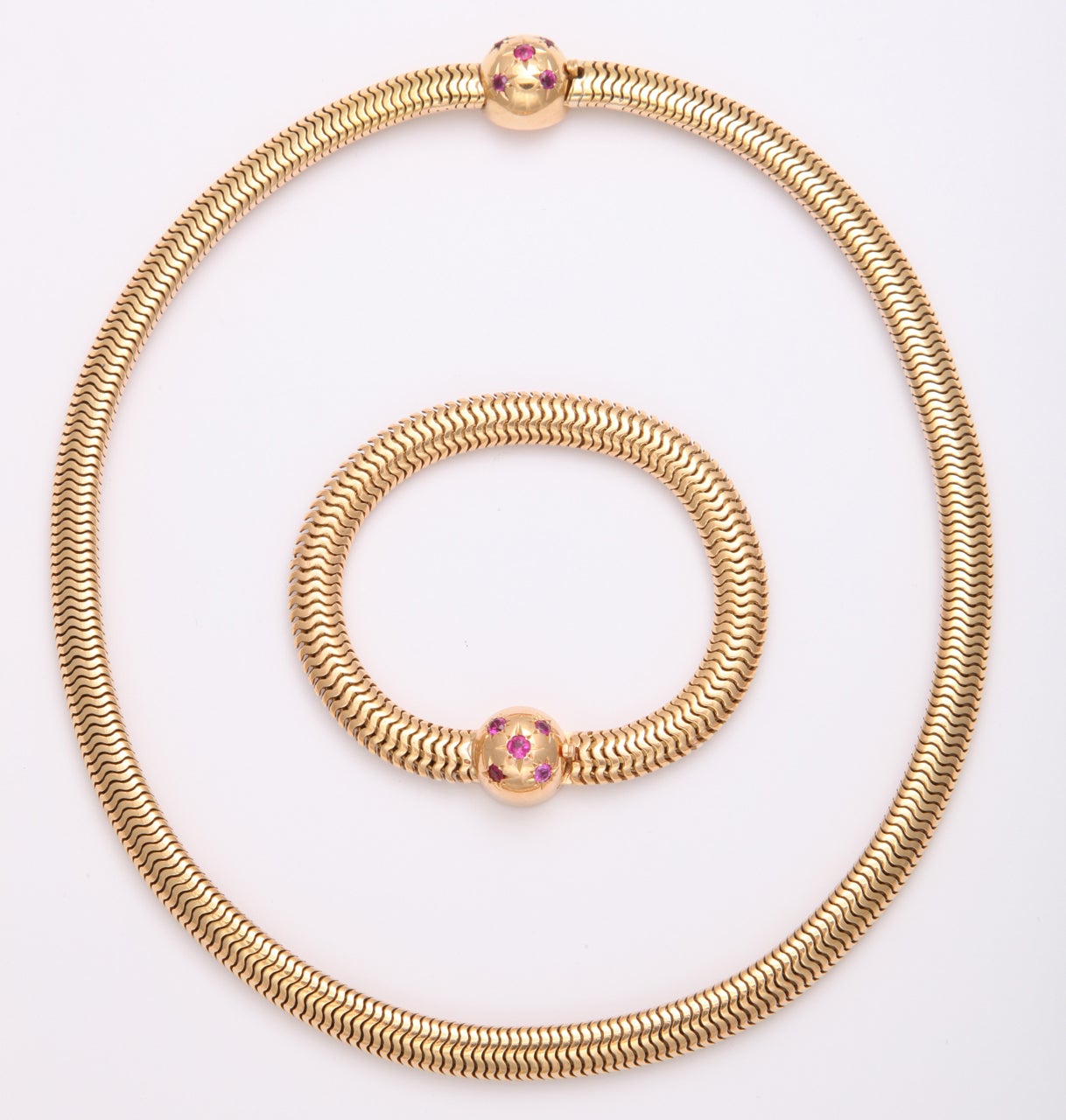 Rubies And Gold Snake Link Necklace And Bracelet Set