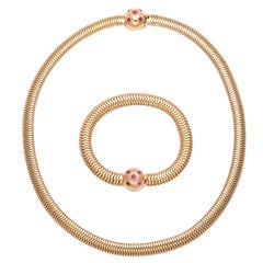 Rubies And Gold Snake Link Necklace And Bracelet Set