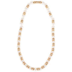 Diamond Encrusted Gold Barrel Link Pearl Necklace