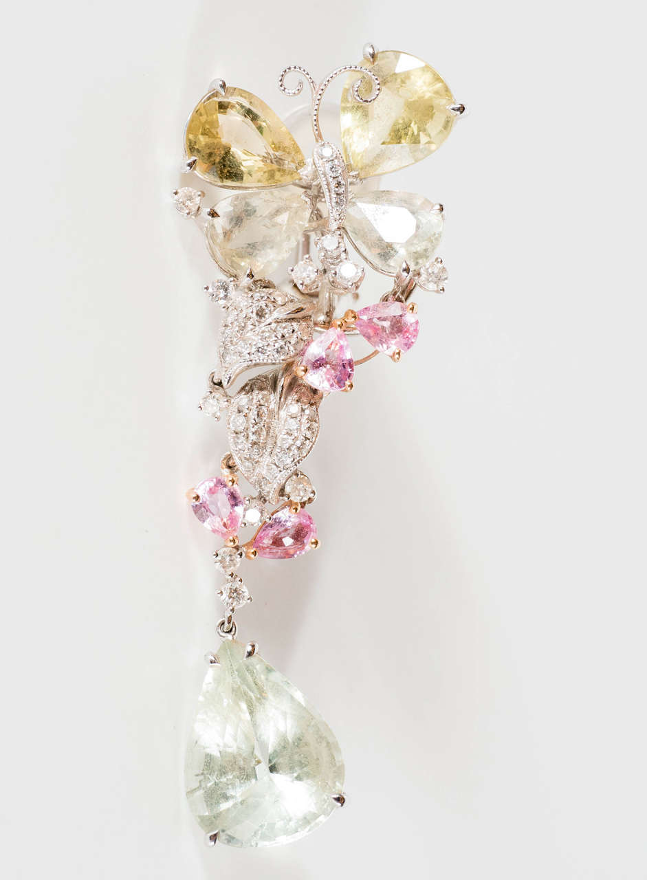 Modern Stunning Yellow Sapphire Pink Tourmaline Diamond Gold Drop Earrings