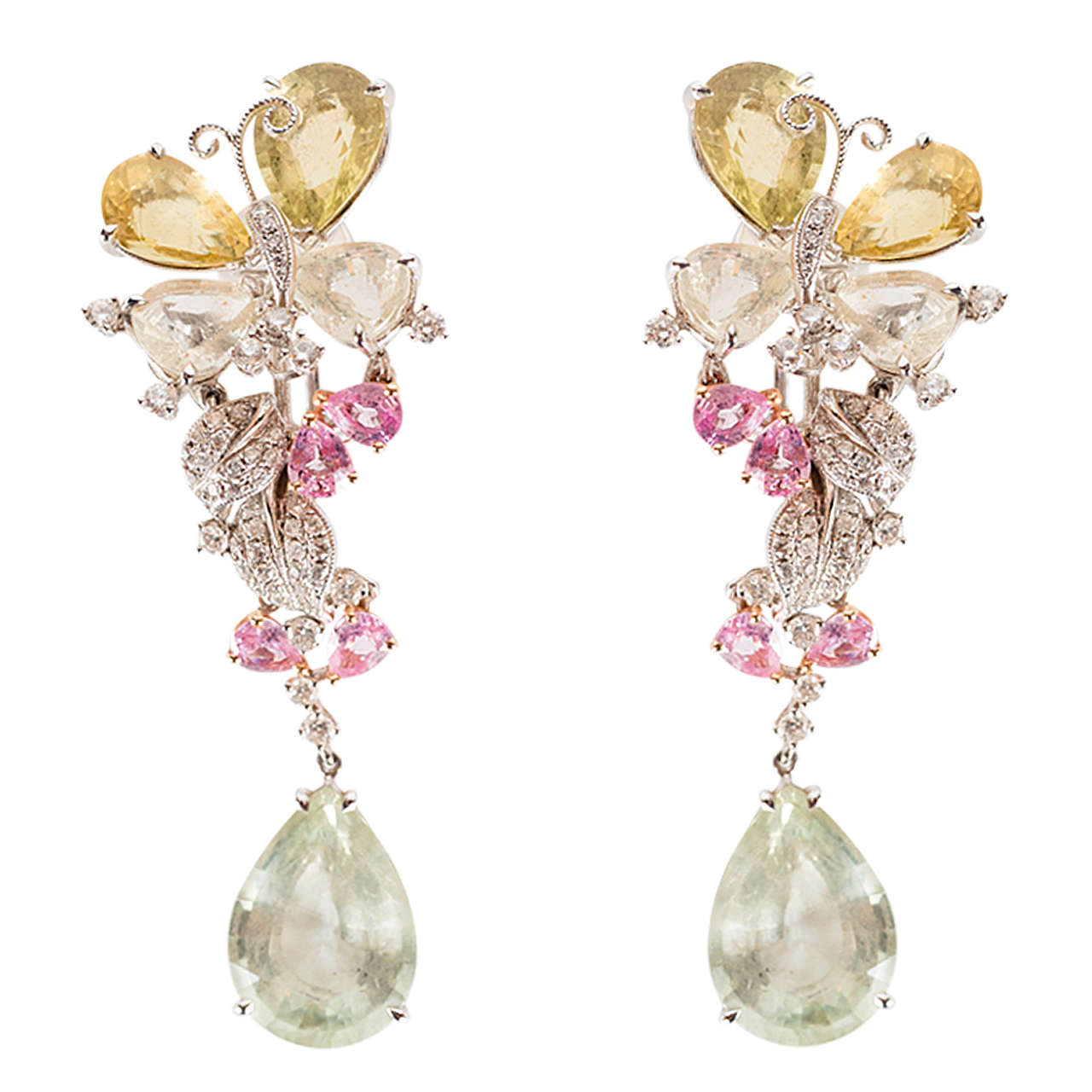 Stunning Yellow Sapphire Pink Tourmaline Diamond Gold Drop Earrings