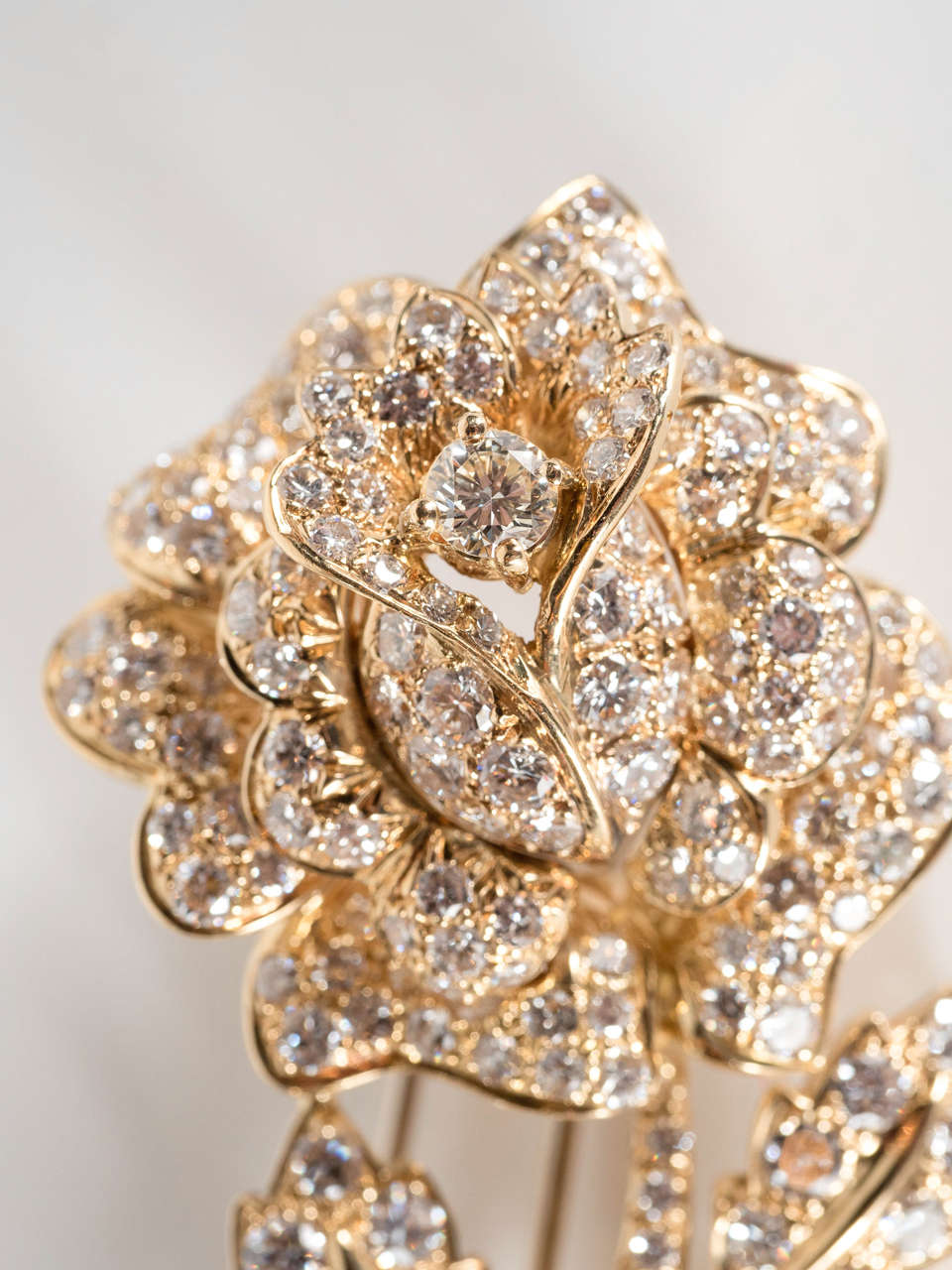 Modernist Diamond Gold Floral Rose Spray Brooch