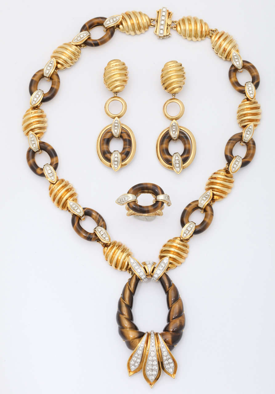 Diamond Tiger's Eye Gold Earrings Ring Necklace Set