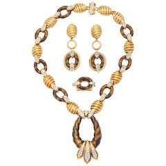 Vintage Diamond Tiger's Eye Gold Earrings Ring Necklace Set