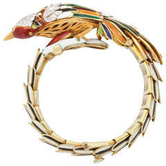 Diamond Multicolored Enamel Gold Bird Bracelet