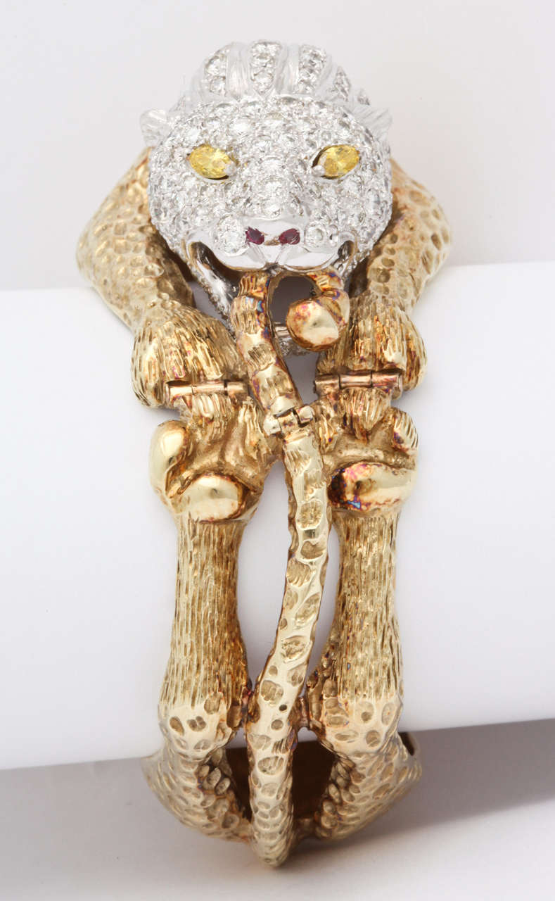 Women's Fancy Yellow Diamond Ruby Gold Lion Animal Bangle Bracelet For Sale