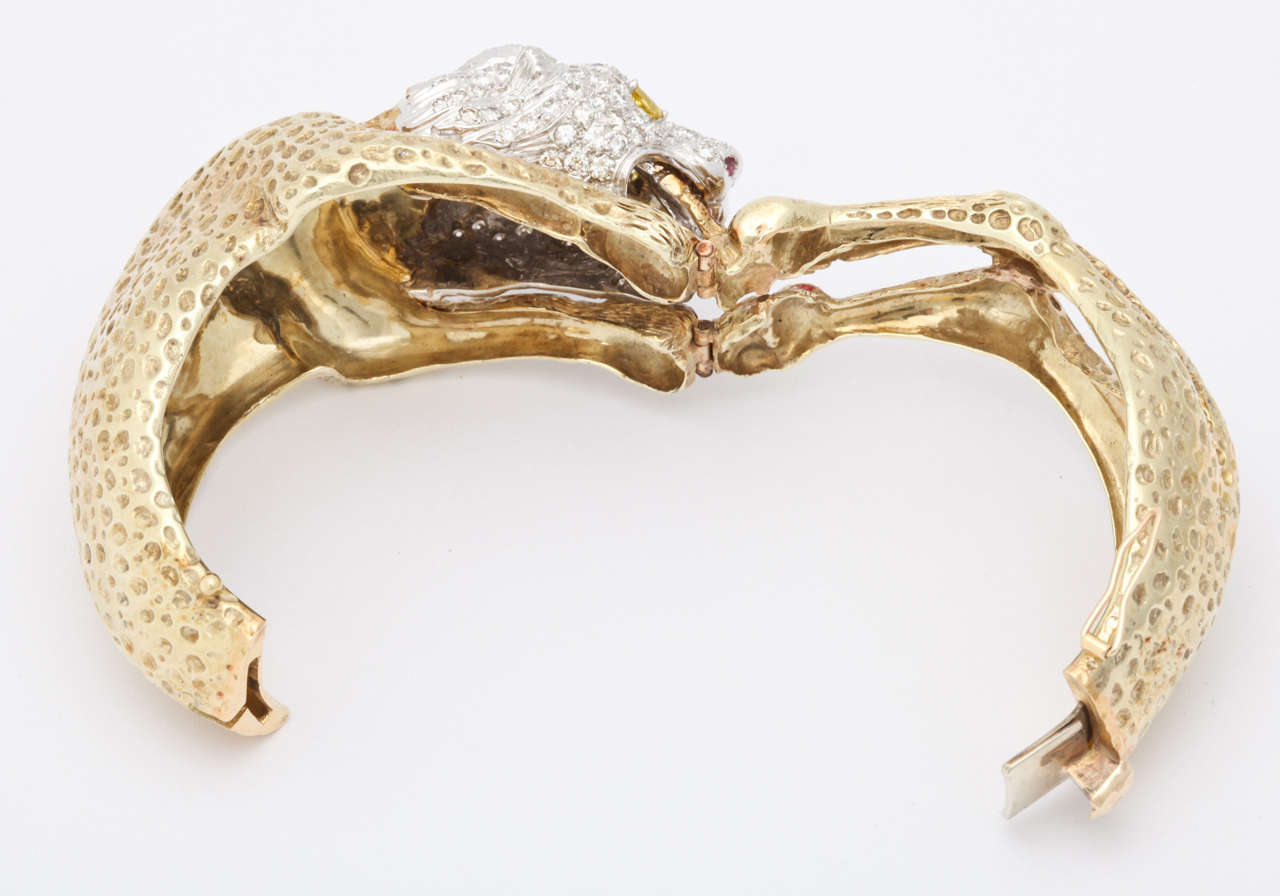 Fancy Yellow Diamond Ruby Gold Lion Animal Bangle Bracelet For Sale 1