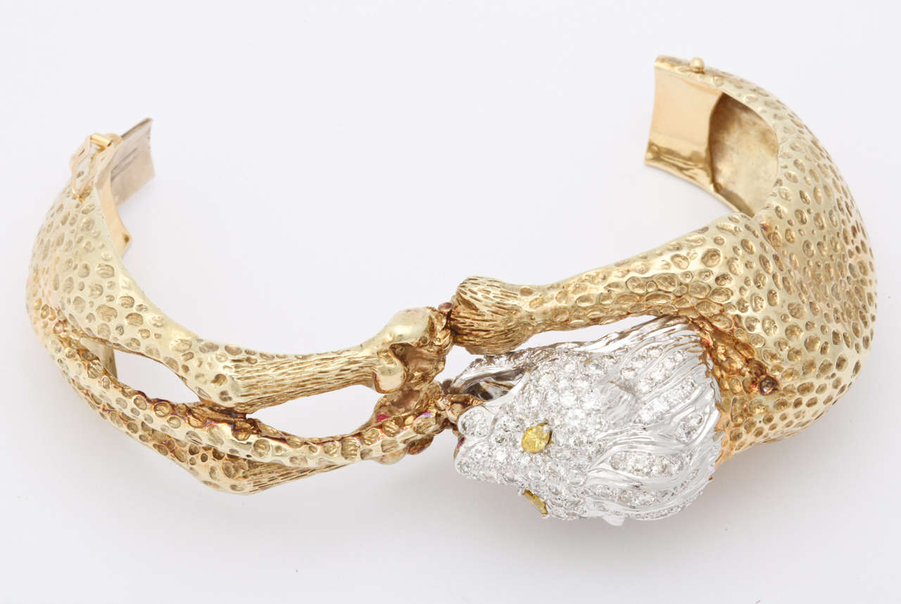 Fancy Yellow Diamond Ruby Gold Lion Animal Bangle Bracelet For Sale 2