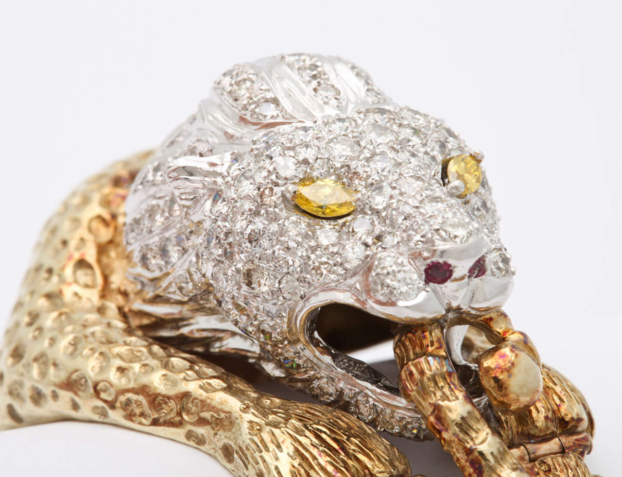 Fancy Yellow Diamond Ruby Gold Lion Animal Bangle Bracelet For Sale 3