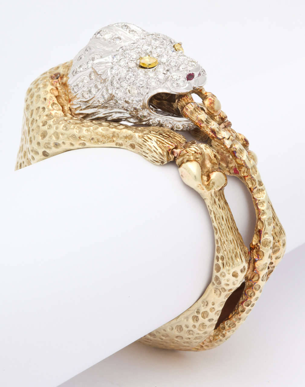 Fancy Yellow Diamond Ruby Gold Lion Animal Bangle Bracelet For Sale 4