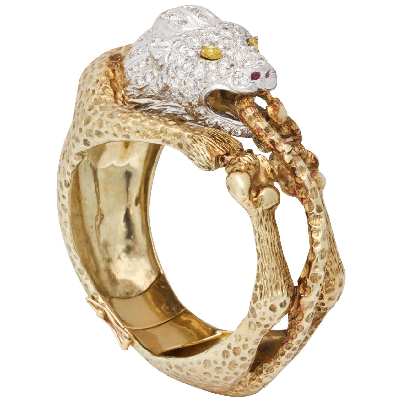 Fancy Yellow Diamond Ruby Gold Lion Animal Bangle Bracelet For Sale