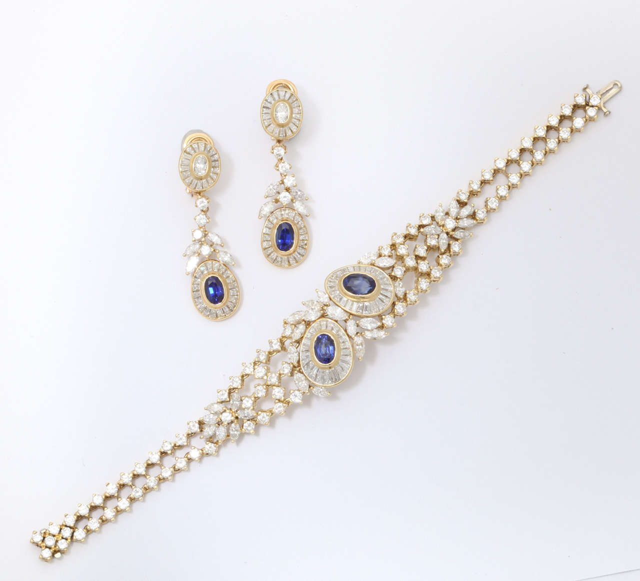 Diamond Sapphire Yellow Gold Earrings Bracelet Set