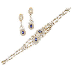 Diamond Sapphire Yellow Gold Earrings Bracelet Set
