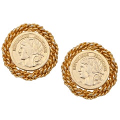 Vintage Large French Coin Earrings, Costume Jewelry