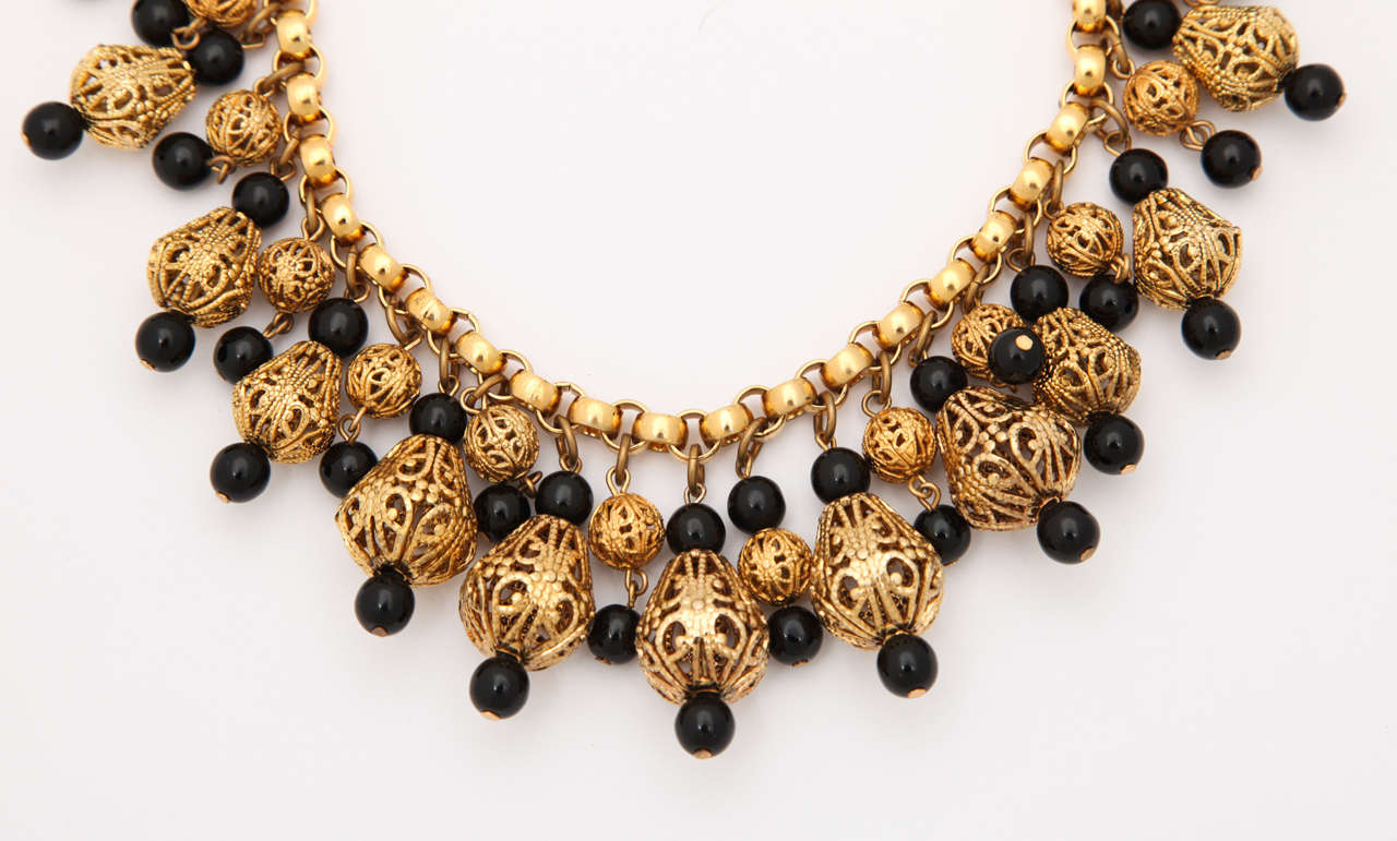 Black Bead and Goldtone Filigree Necklace by Regency For Sale at 1stdibs