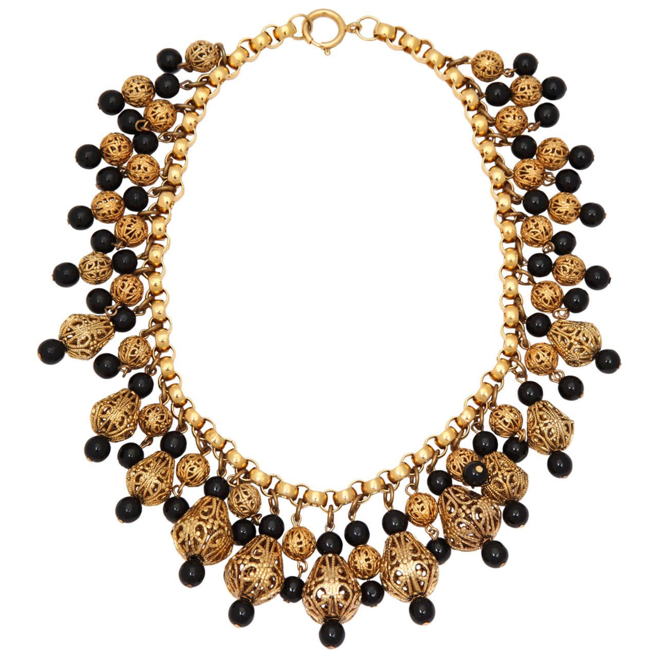 Black Bead and Goldtone Filigree Necklace by Regency, Costume Jewelry at 1stDibs black costume