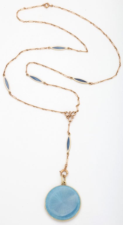 TIFFANY & CO. Sky Blue Enamel Gold Locket and Chain Necklace