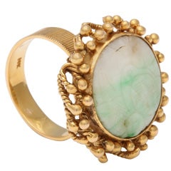 Gold and Antique Jade Button Ring
