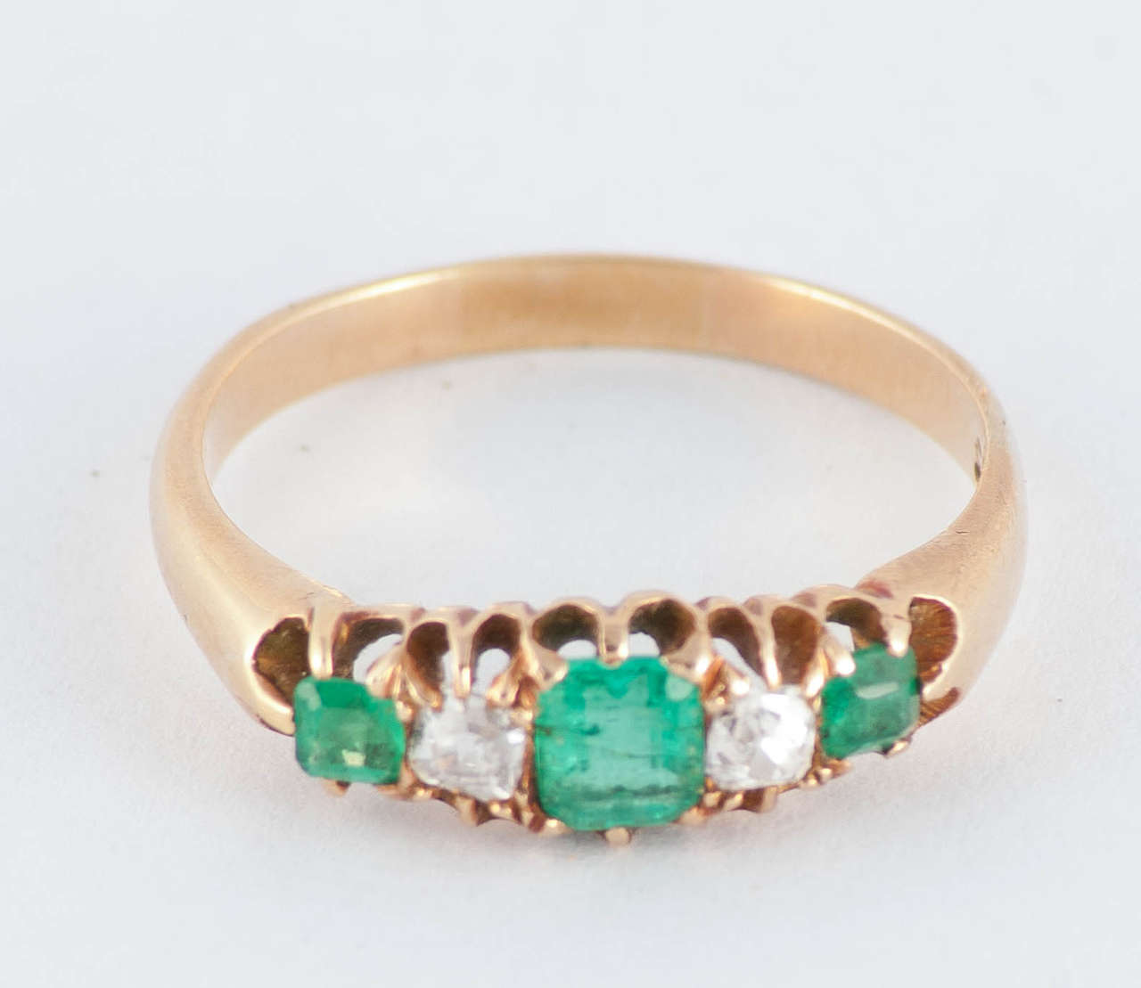 Edwardian Antique Emerald Diamond Gold Five-Stone Ring