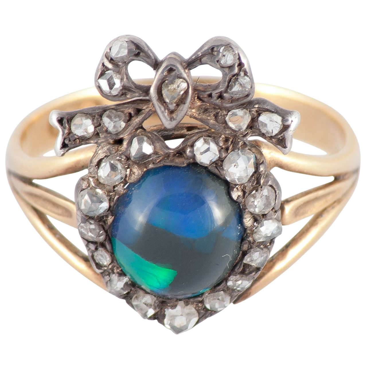 Victorian Black Opal Diamond Silver Gold Cocktail Ring